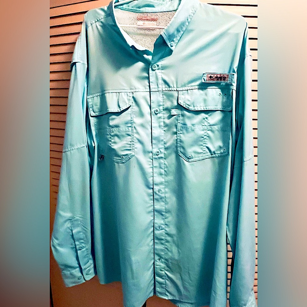 Columbia Omni-Shield long-sleeved sun protection fishing shirt.